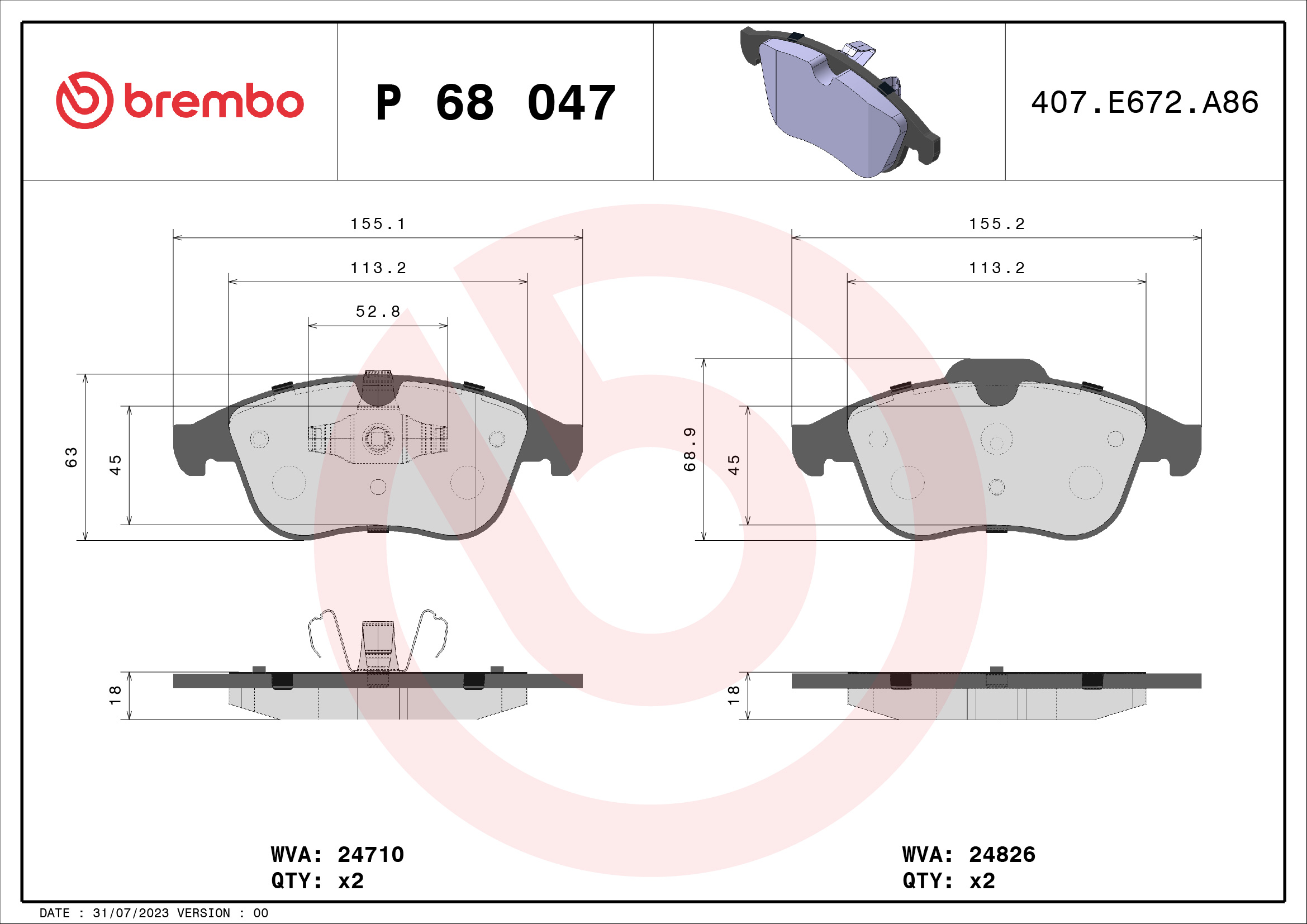 A.B.S. P 68 047 BREMBO Bremsbelagsatz, Scheibenbremse